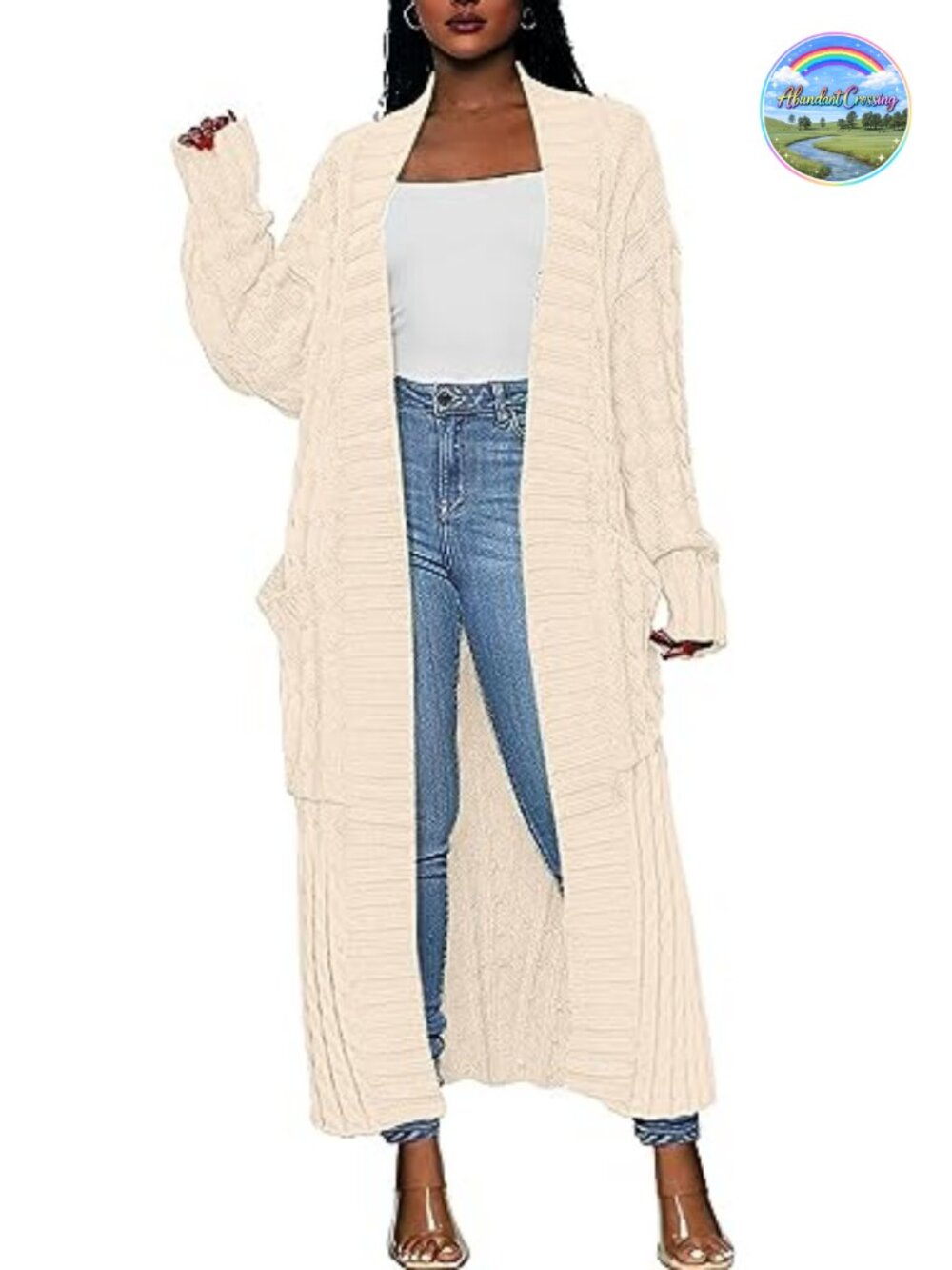 Open Front Cable Knit Long Cardigan Maxi Sweater Coat with Pockets